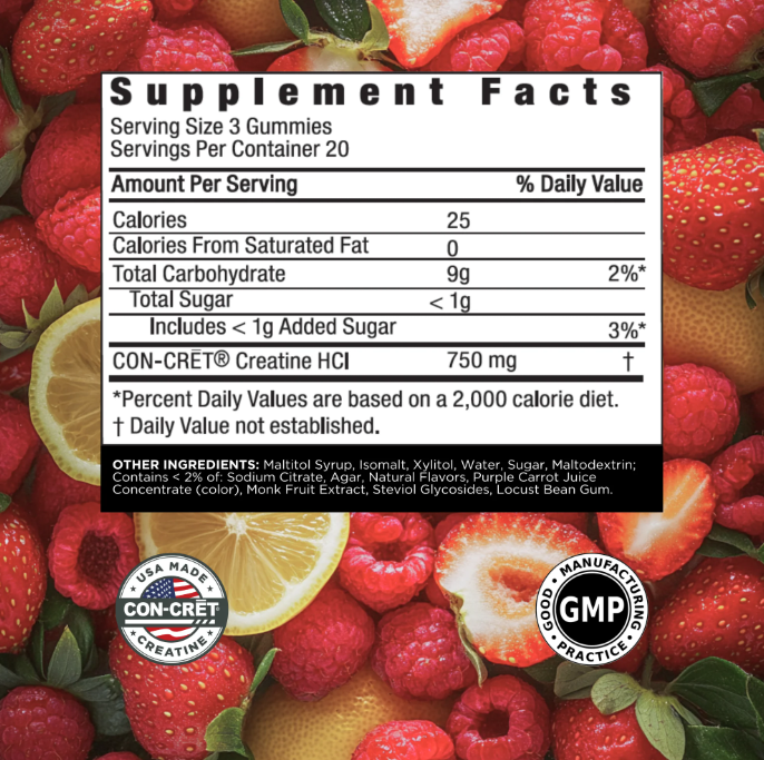 CON-CRET Creatine HCl Gummies Sour Berry Zing Flavored 60 count