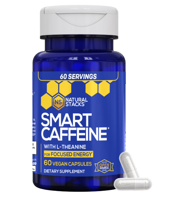 NATURAL STACKS Smart Caffeine Pills 100mg caffeine with 200mg L-Theanine 60 count