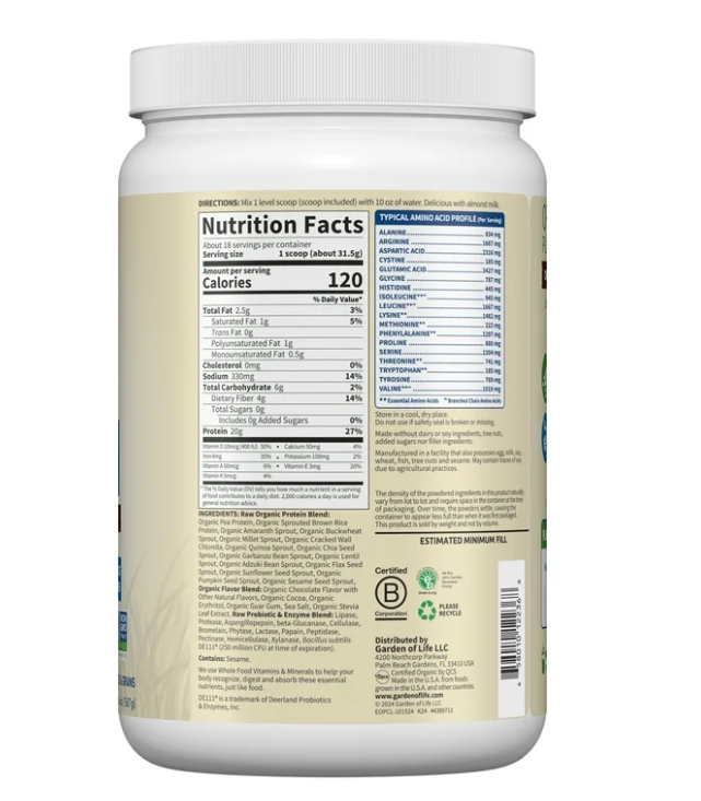 Garden of Life Organic Plant-Based Protein Powder 31.5g serving 567g